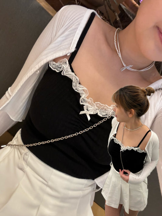 Lace捲邊微心心領吊帶背心