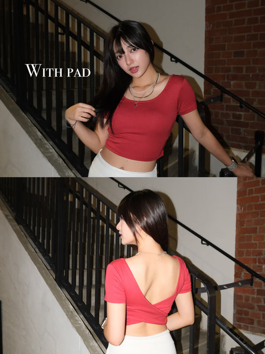 內有Pad!! 交叉露背圓領上衣