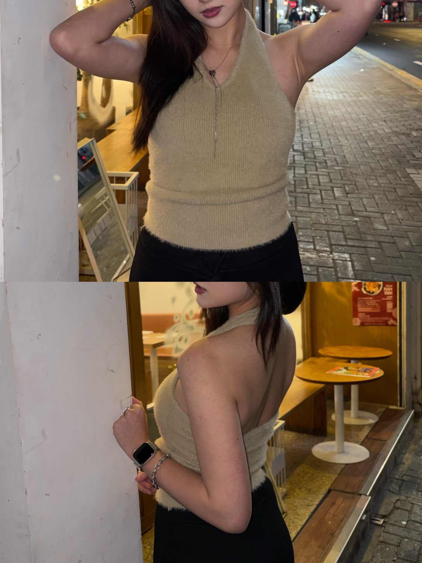 \內有Pad/ 超滑毛毛V領掛頸露背Bra Top