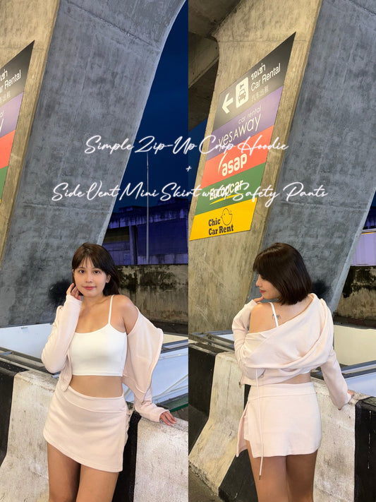 【 秋冬comeback 】Simple Zip-Up Crop Hoodie + Side Vent Mini Skirt with Safety Pants