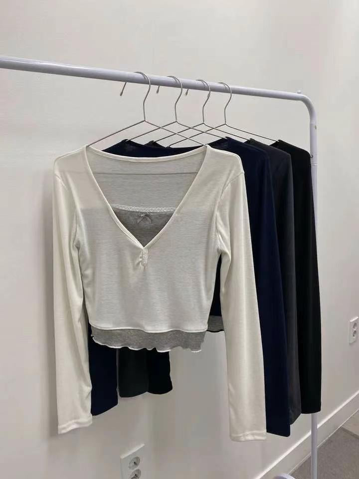 ※預購 蝴蝶結蕾絲層次假兩件上衣