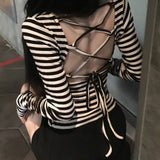 交叉綁帶露背性感間條上衣