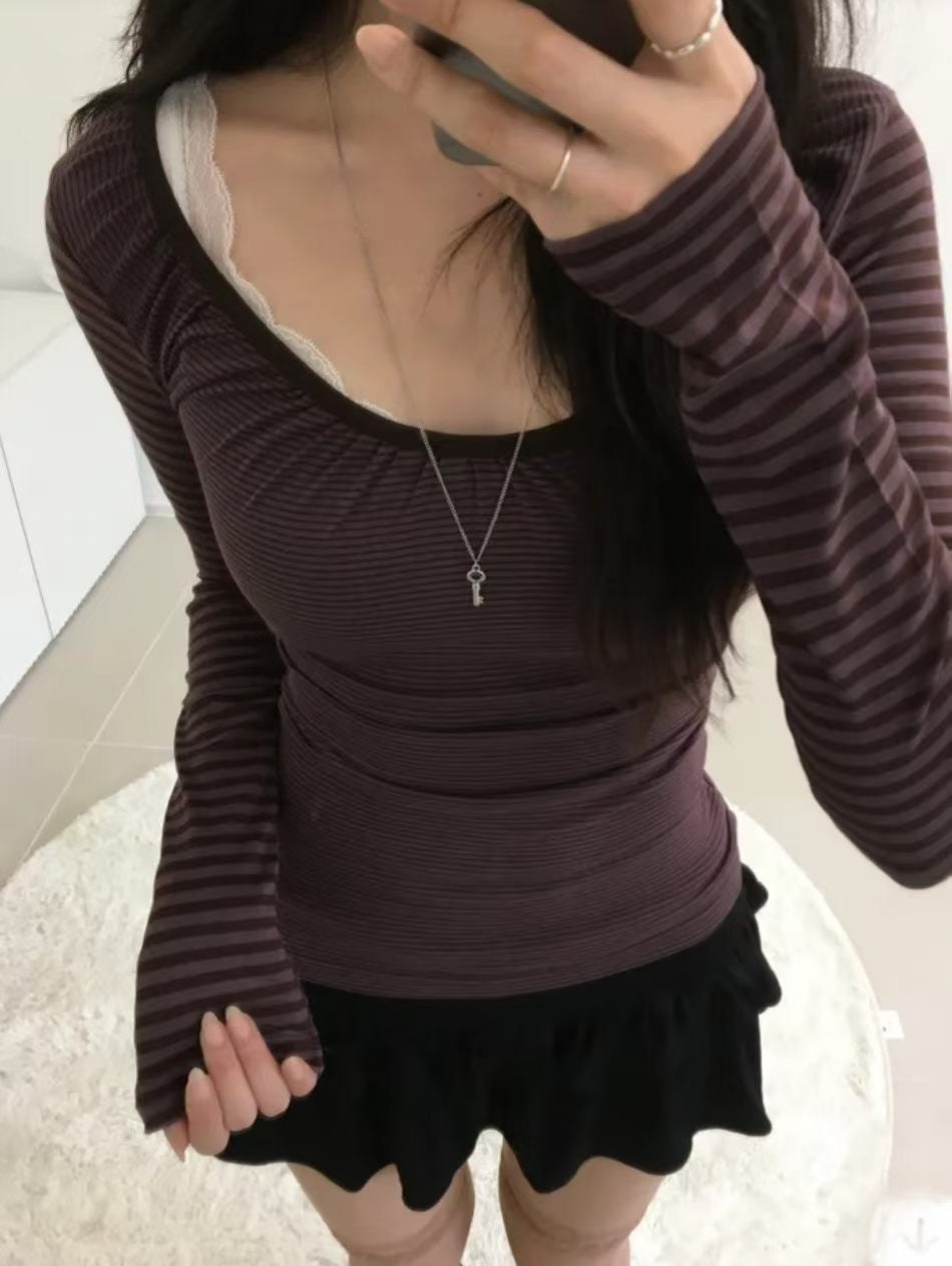 間條袖貼身拼接圓領上衣