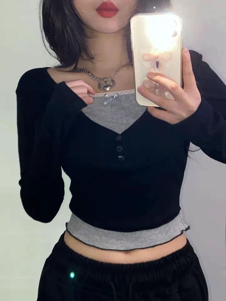 ※預購 蝴蝶結蕾絲層次假兩件上衣