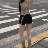 交叉綁帶露背性感間條上衣