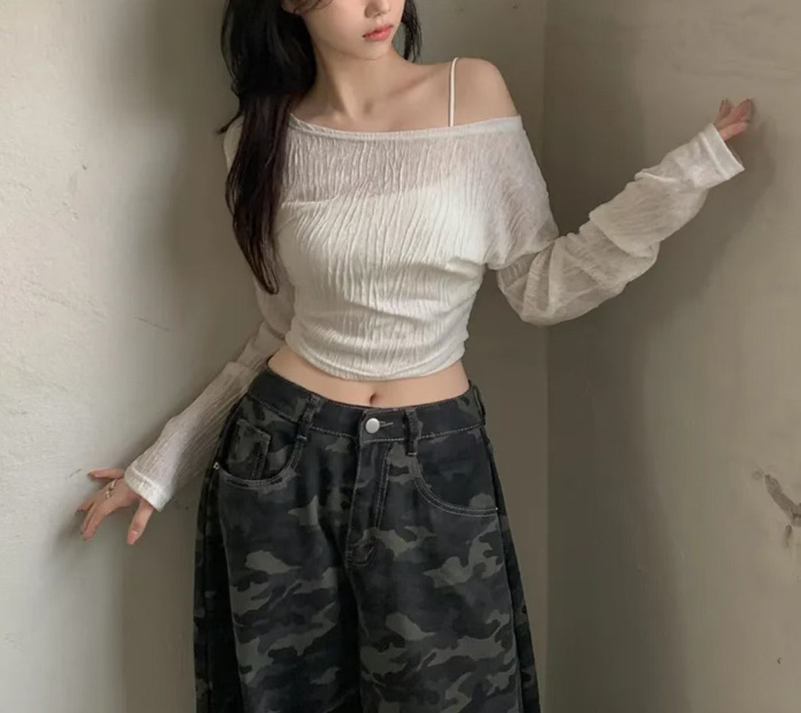 ※預購 樹紋單肩透視Top