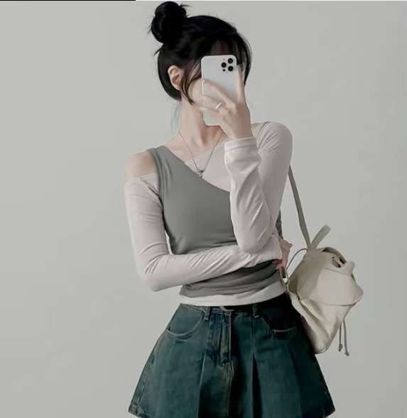 ※預購 拼色單肩型格小束腰上衣