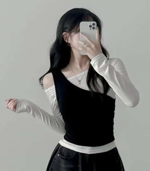 ※預購 拼色單肩型格小束腰上衣