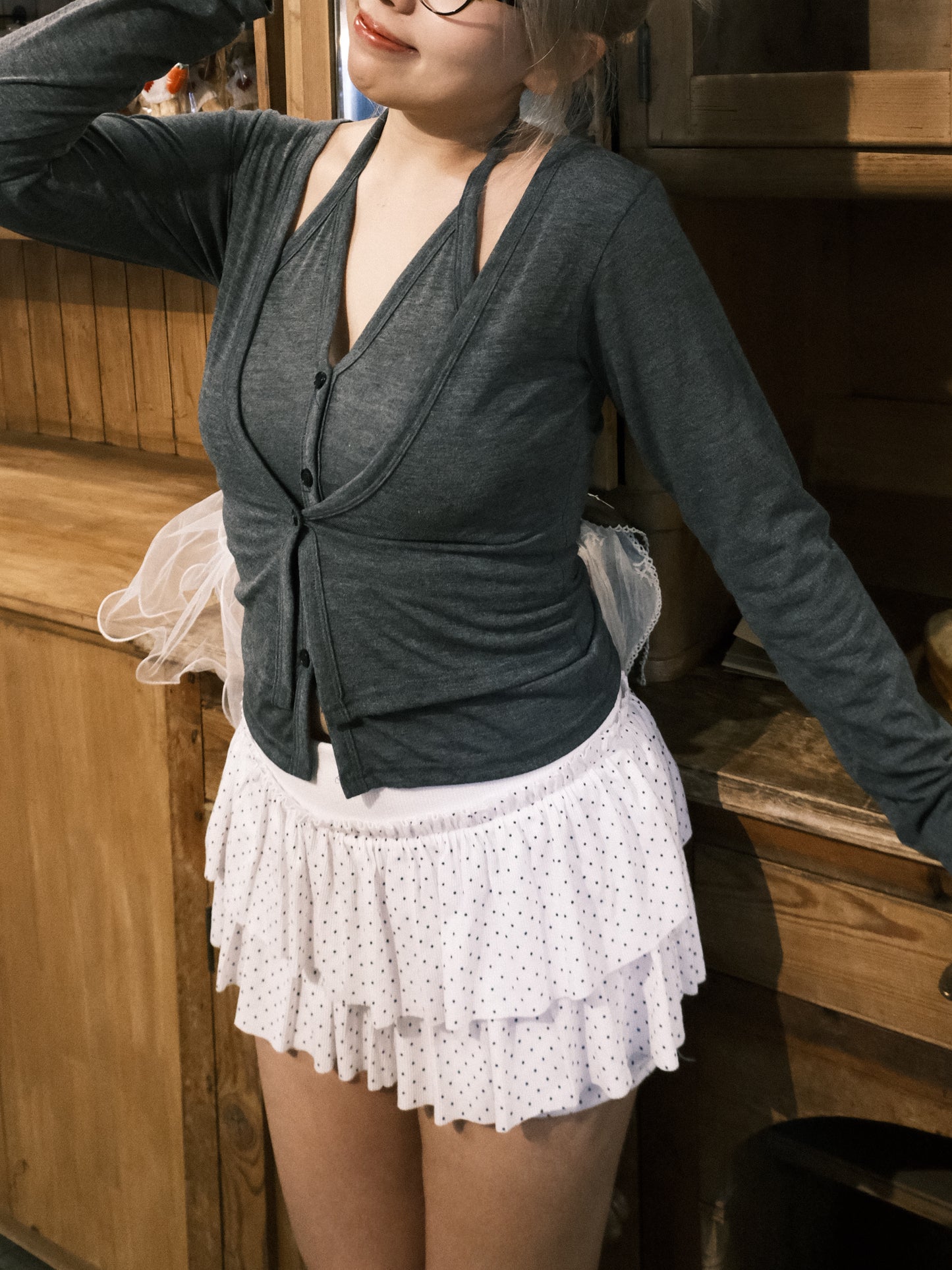 ‹KR 19› 棉質假兩件掛頸V領小性感上衣