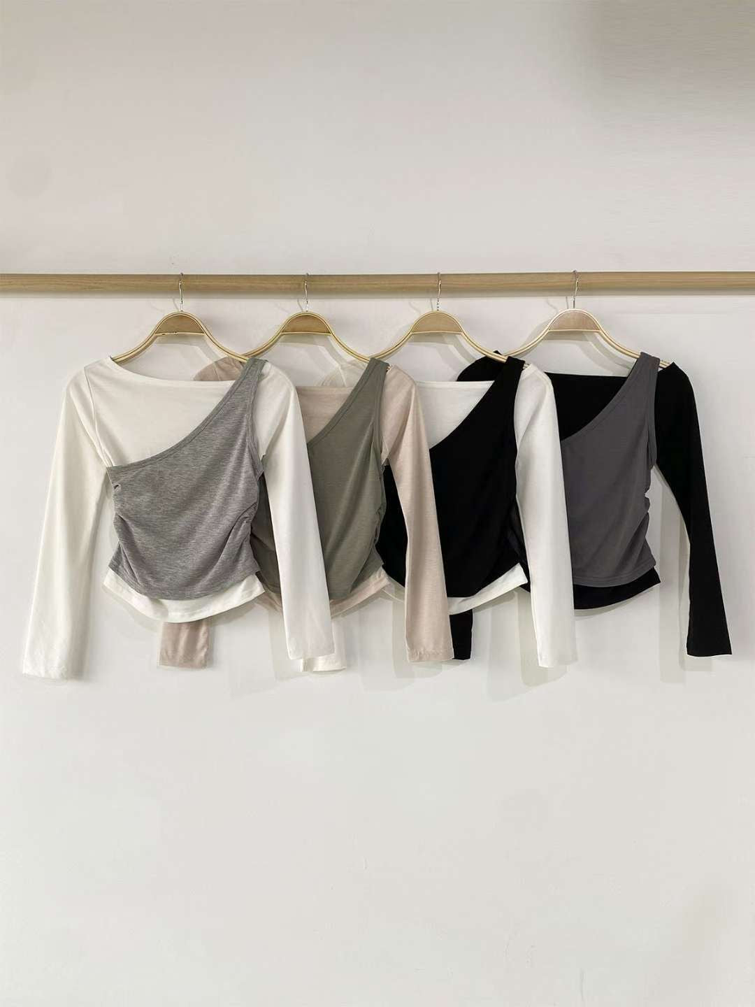 ※預購 拼色單肩型格小束腰上衣