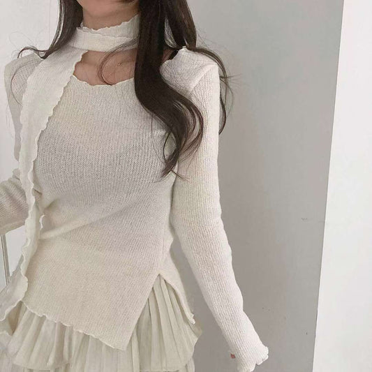 ※預購 微透視小捲邊少女感開叉上衣