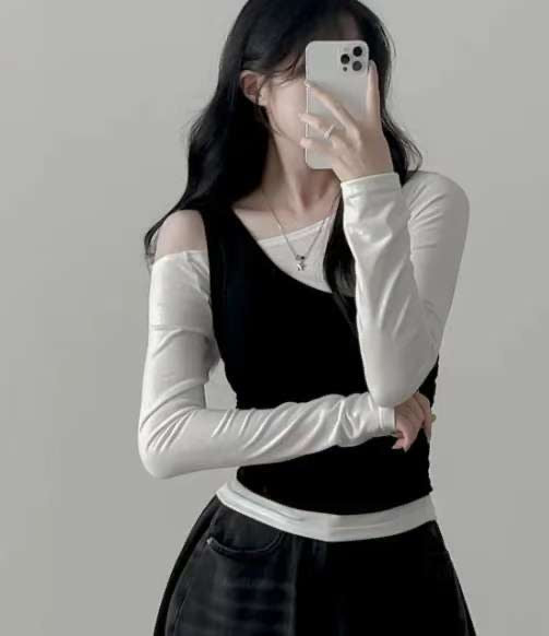 ※預購 拼色單肩型格小束腰上衣