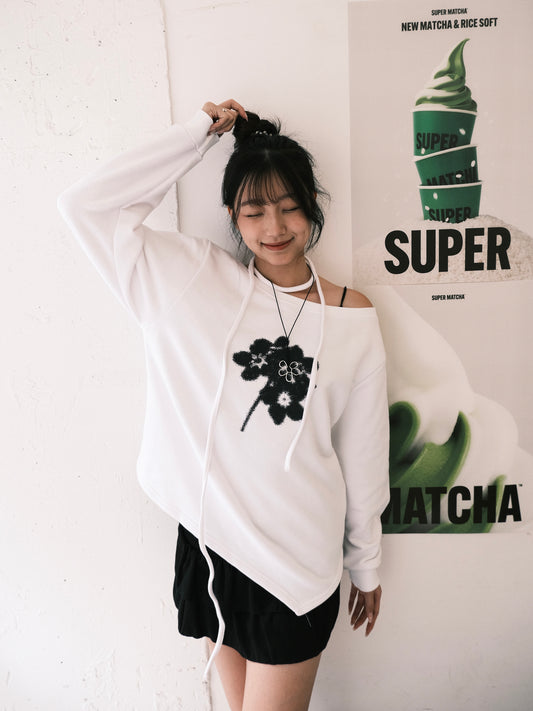 ‹KR 19›韓系復古印花斜肩衛衣連頸帶