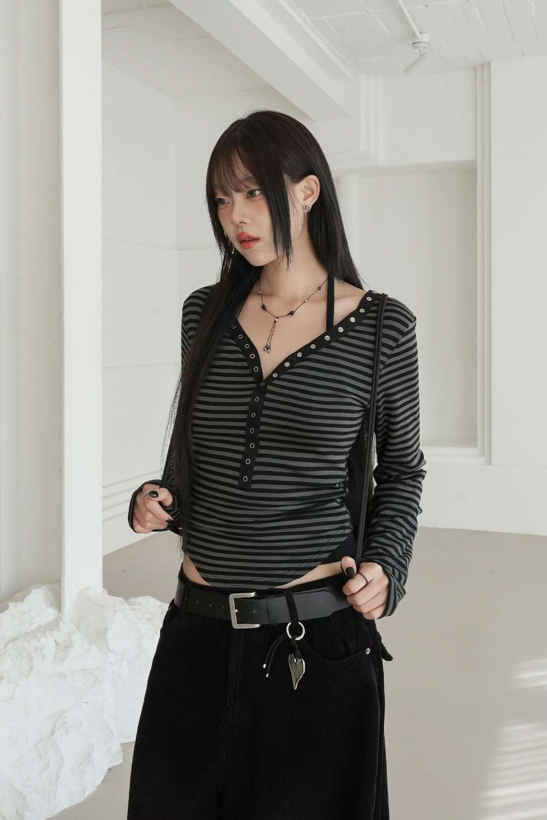 ※預購 間條修腰間條掛頸Top