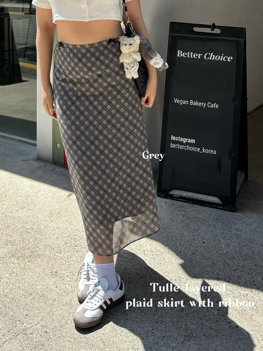 <可調整腰圍>Tulle-layered plaid skirt with ribbon