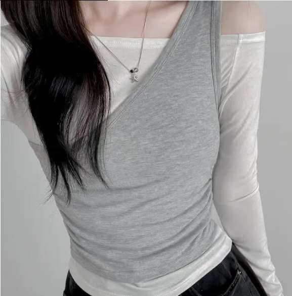 ※預購 拼色單肩型格小束腰上衣