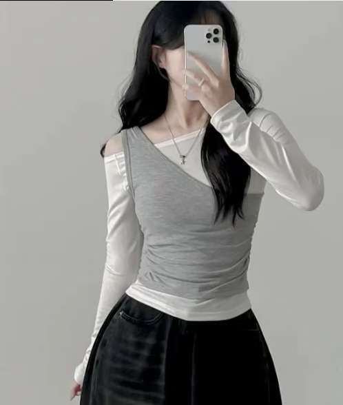 ※預購 拼色單肩型格小束腰上衣