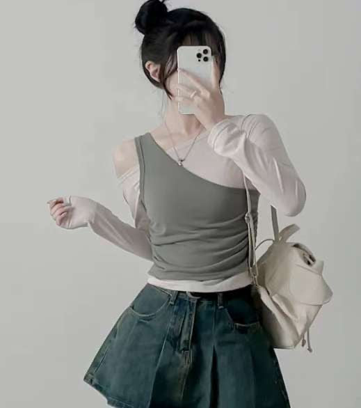 ※預購 拼色單肩型格小束腰上衣