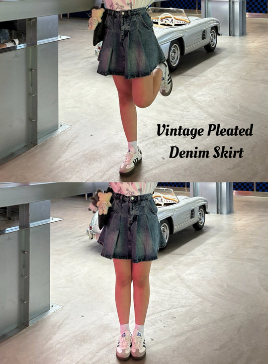 \前長後短/ KR Hot Items!! Vintage Pleated Denim Skirt