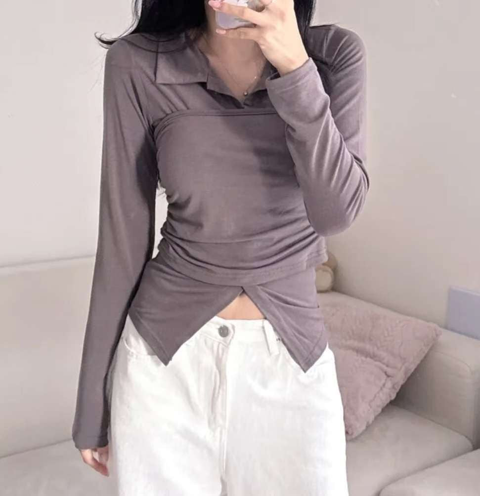 *預購 假兩件polo貼身超美超顯瘦上衣