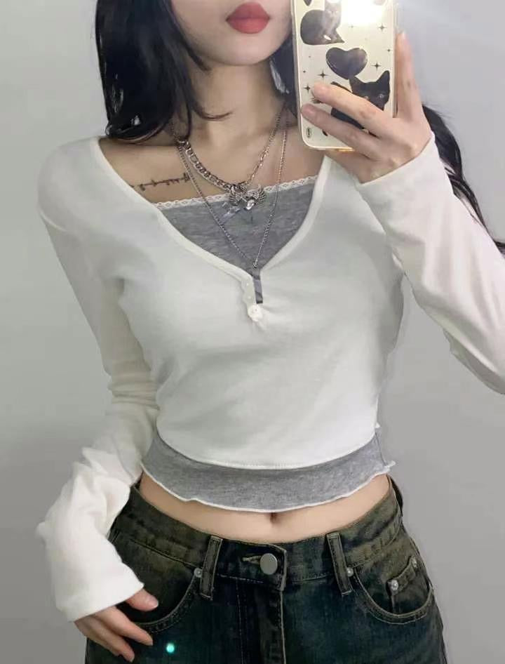 ※預購 蝴蝶結蕾絲層次假兩件上衣