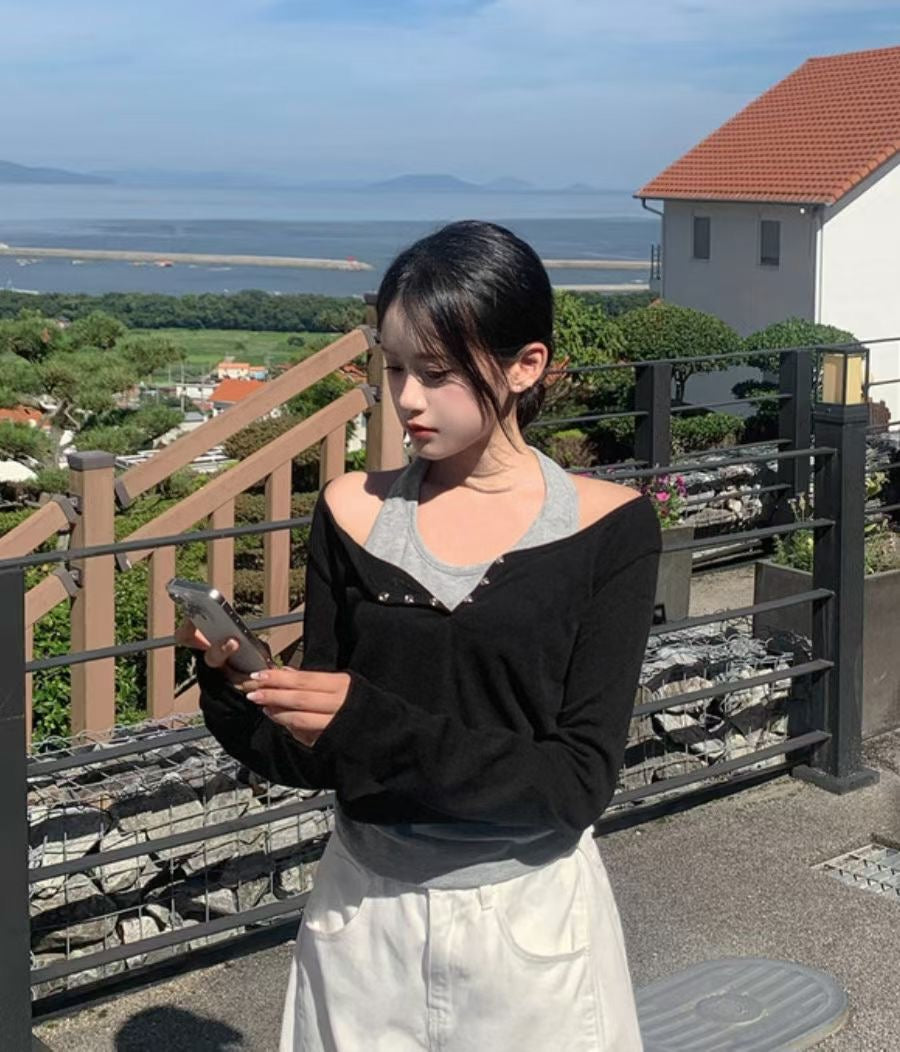 青春感大領口扣上衣連掛頸背心
